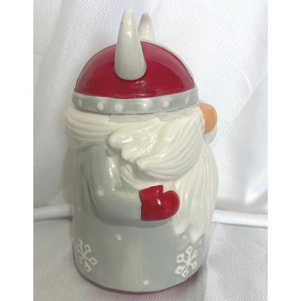 Sleigh Bell Bistro Viking Gnome Ceramic Cookie Jar Grey Red Snowflake Christmas